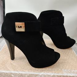 Michael Kors Davenport Bootie Size 7 Black Suede w/MK Gold Logo On Strap.