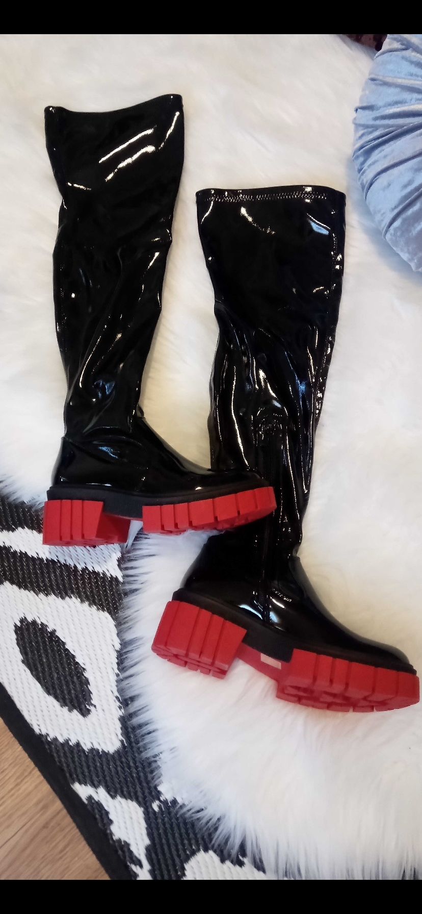 Black Patent Leather, Red Bottom, And Heel knee boots