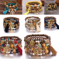 Bohemian Style Women Girl Multi Layer Wood bead bracelets