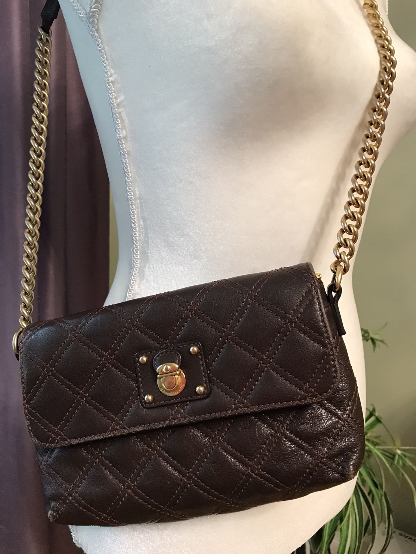 Marc Jacobs Brown /Gold Quilted Real Leather Crossbody Bag, 9”x 6”x 2”
