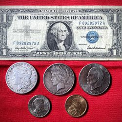 Silver Certificate, Morgan, Peace, Eisenhower,  Susan B Anthony and  Sacagawea Dollars 