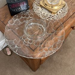 Chip Dip Heavy Glass Dish With Fruit Pattern 