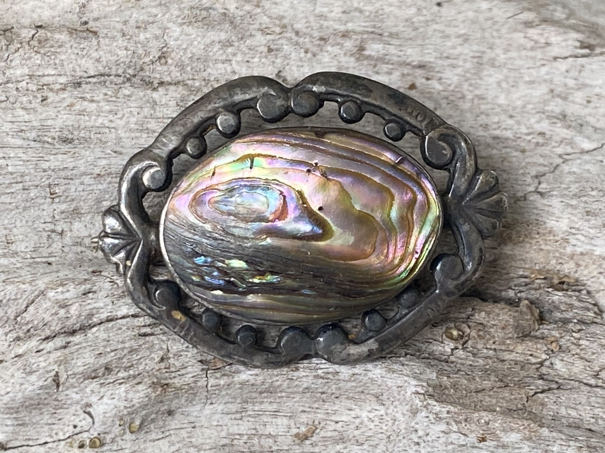 Vintage Sterling Polished Shell Brooch