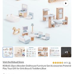 ROBUD 23pcs Wooden Dollhouse Furniture Set Accessories Pretend Play Toys Gift for Girls Boys & Toddlers