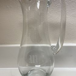 Vintage 12” Large Clear Glass Pitcher Carafe “M” Etching