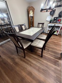 7-Piece dark wood dining set with marble inlay table