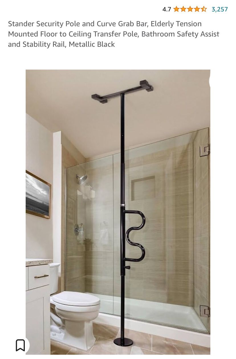 Stander Security Pole and Curve Grab Bar, Elderly Tension Mounted Floor to Ceiling Transfer Pole, Bathroom Safety Assist and Stability Rail, Metallic 