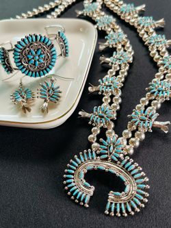 Authentic Zuni Sterling Silver Turquoise Jewelry Set, Squash Blossom Necklace, Signed Y. Dishta Bracelet, Matching Earrings
