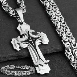3-Pcs Men's Multi-Layer Titanium 2-Tone Cross Pendant W/Silver  24"Byzanyine Necklace And  Bracelet Set 