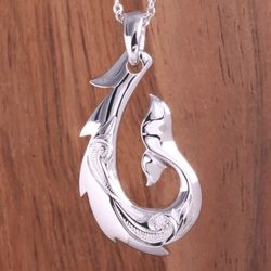 Sterling Silver Hawaiian Scroll Whale Tail Fish Hook Pendant 