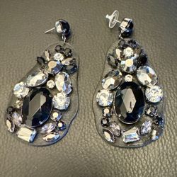 Designer Style Jeweled Earrings Crystals on Leather Stud 3” Long Glam Cocktail 80’s