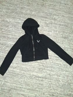 Size M/Medium True Religion Cropped Black Zip Up with front and back logo
