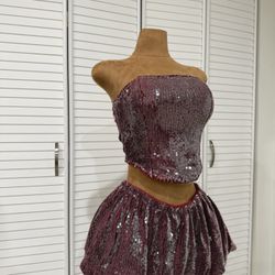Burgundy/Wine Sequin Bubble Skirt Set