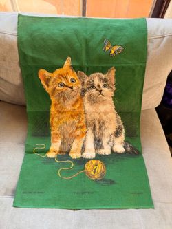 Lamont Irish Linen Cotton Panel Two Kittens Green Hand Painted reg 1520
