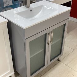 30” Bathroom Vanity Cabinet New Wood With White Ceramic Top With Sink Integrated Ready for Pick Up Today