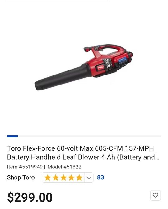 🆕️Toro Flex-Force 60-volt Max 605-CFM 157-MPH Battery Handheld Leaf Blower 4 Ah (Battery and Charger Included

