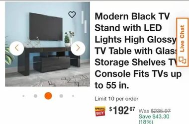 NEW-UHOMEPRO TV Stand for TV up to 55", Living Room Entertainment Center with RGB LED Lights and Storage Shelves Furniture, Black High Gloss TV Cabine