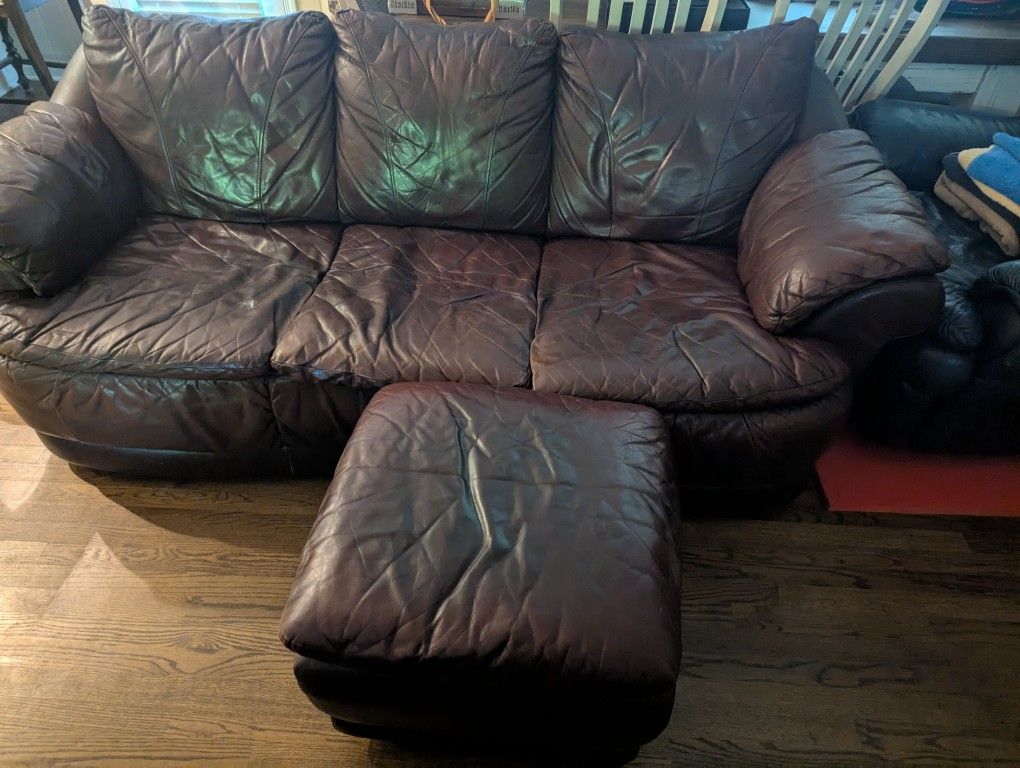 Brown Real Leather Sofa and Ottoman