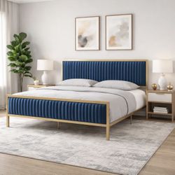 Queen Velvet Blue Low Profile Bed Frame Gold Finish Metal Frame