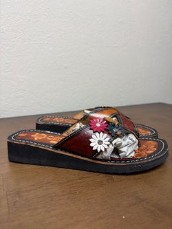 Leather Slide Sandals with Floral Detail