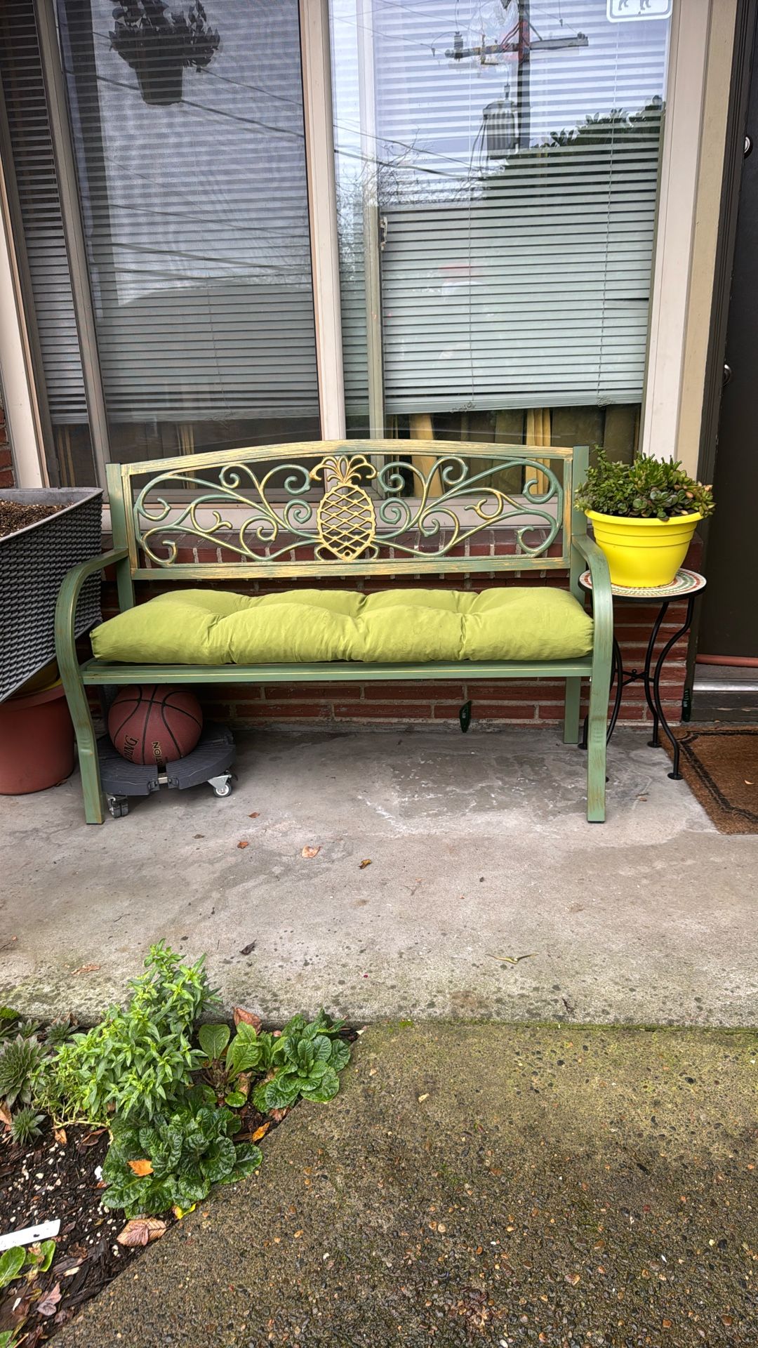 Outdoor Metal Bench With Cushion & Mosaic Side Table Plant Stand