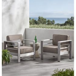 Brand New Cape Coral Outdoor Aluminum Club Chairs with Sunbrella Cushions, Silver and Taupe150