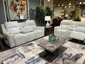 Grey corduroy Power Recliner sofa features LED lighting, wireless audio connectivity & much more
