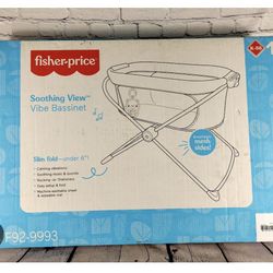 Fisher-Price Soothing View Vibe Bassinet – Hearthstone, folding portable bedside baby crib with calming vibrations and music 