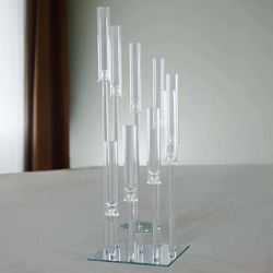 9-Arm Crystal Glass Cluster Candelabra Pedestal Stand 4ft - Square Hurricane Taper Candle Holder