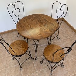 Old Vintage Wrought Iron and Oak Ice Cream Parlor Table & 4 Chairs. Dining Set