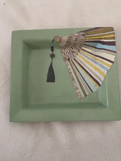 vintage Fabienne Jouvin Paris green porcelain trinket tray featuring an oriental fan and tassel motif.