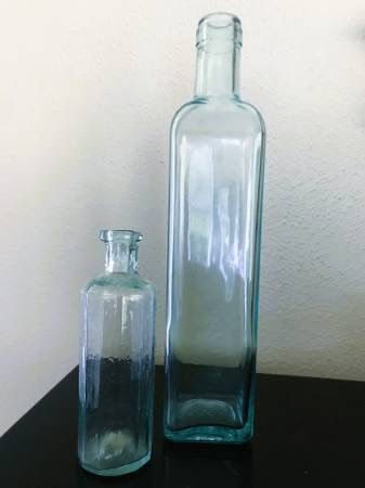 Vintage Pair Aqua Color Glass Bottles - Made in Italy