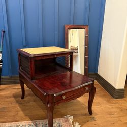 Antique Leather Top Mahogany Side Table and Mirror 