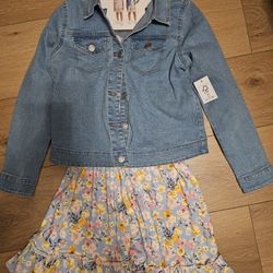 BCBG Girls Dress Size 10/12 & Denim Jacket Blue With Floral Print 