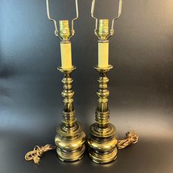 Vtg Westwood Industries Brass Table Lamps Heavy MCM Pair Set Stiffel Style 30"  Tested & Working, the harps are adjustable, one harp has some damage. 