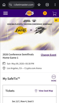 2 Lakers tickets vs thunder game  4 | sec 217 row 4