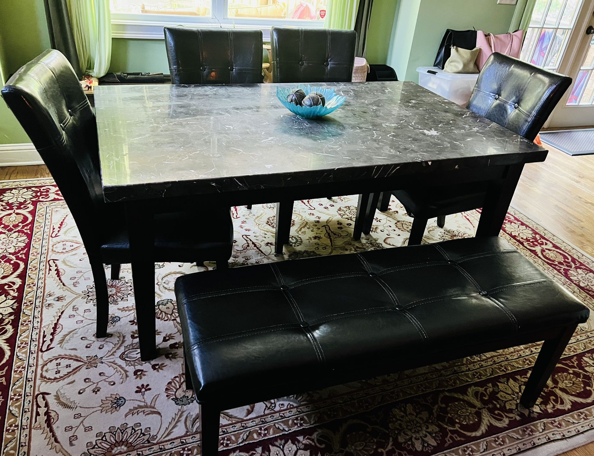 Marble-top Dining Table with four (4) matching chairs and a platform bench