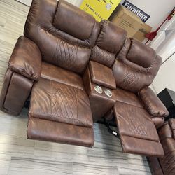 Spring Blowout Sale. Santiago Brown Leather Reclining Sofa And Loveseat Now $899. Easy Finance Option. Same Day Delivery.