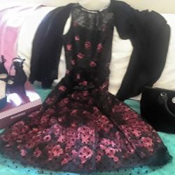 Luxe By Carmen Marc Valvo, Blk /Red Roses, Size 2