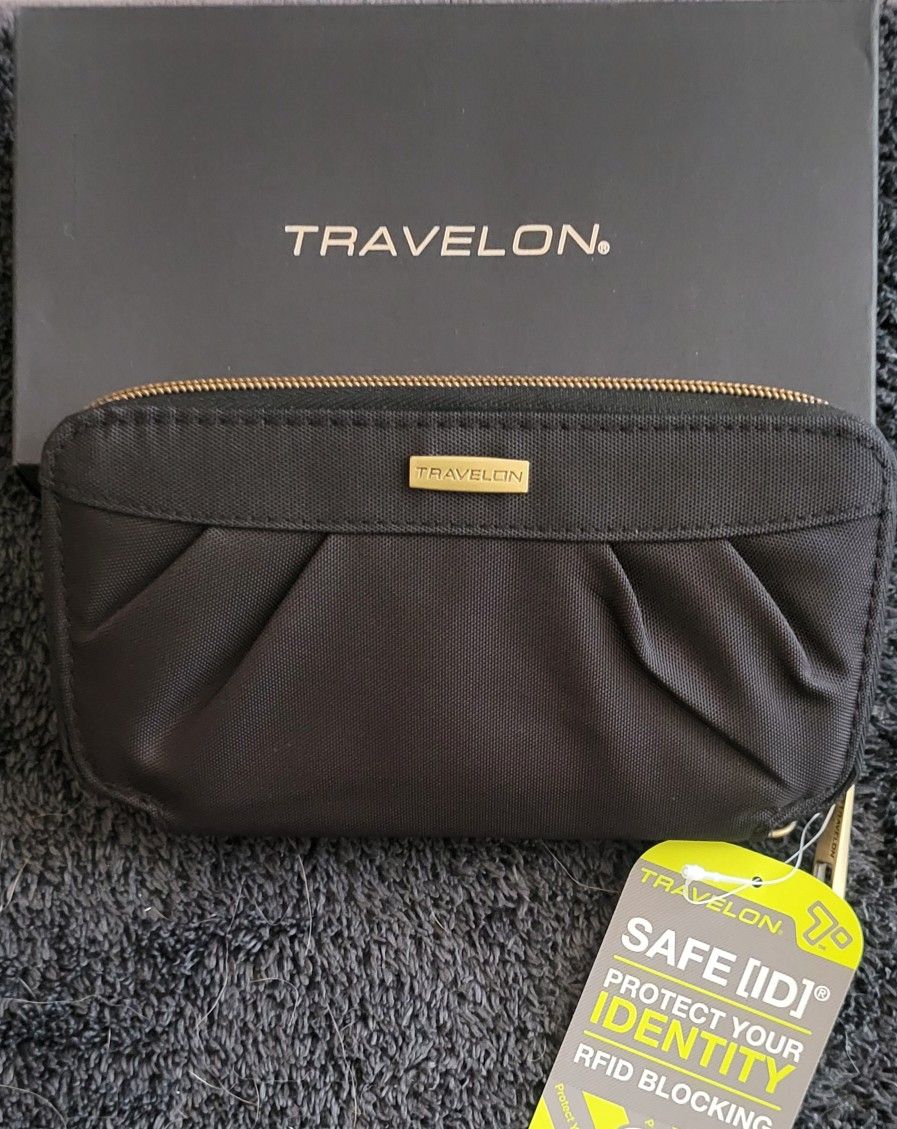 New Travelon Women's Wallet, Black Outside, Dark Purple Rose Inside