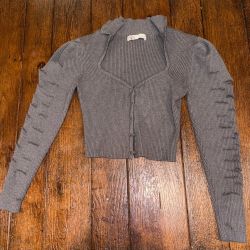 Zara Grey Ribbed Distressed Slashed Sleeve Cropped Cardigan - Womens S