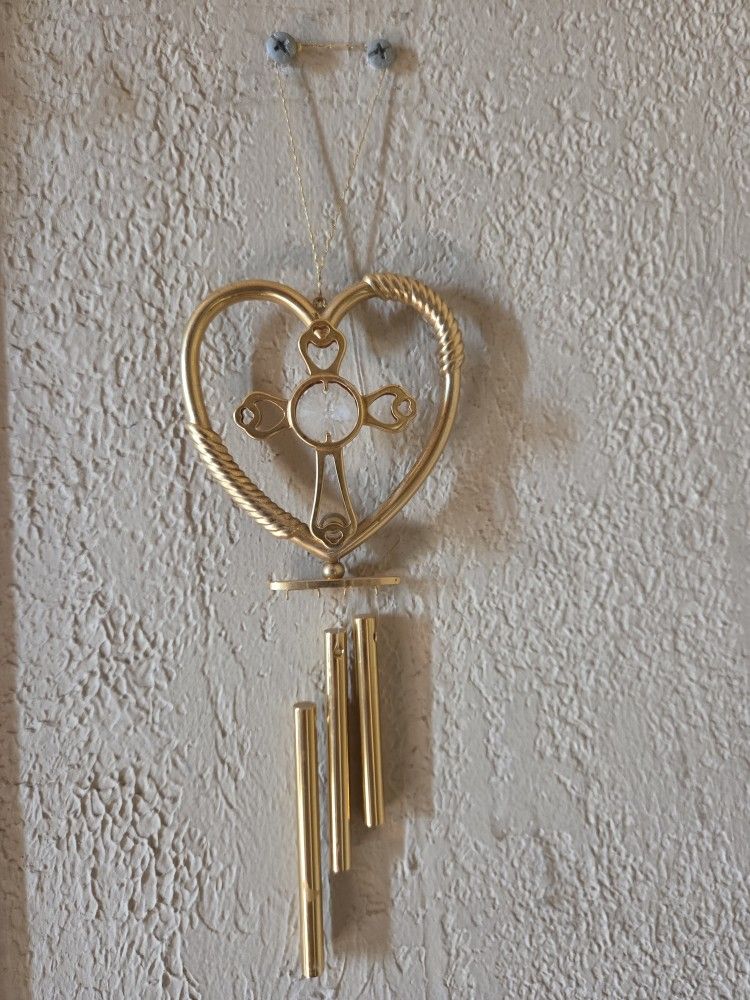 Exquisite Gold Heart & Cross Wind Chime with Sparkling Crystal