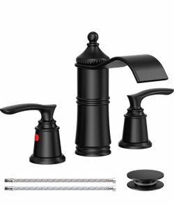Vintage 8 Inch 3-Hole Waterfall Bathroom Faucet, Matte Black NSF Certified Modern Widespread Bathroom Faucet, for Bathroom Sink and RV with Pop-Up Dra