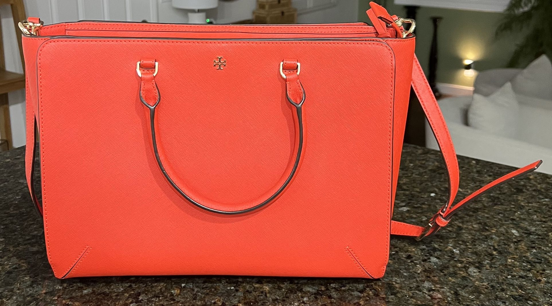 Tory Burch Red Saffiano Leather Emerson Zip Tote