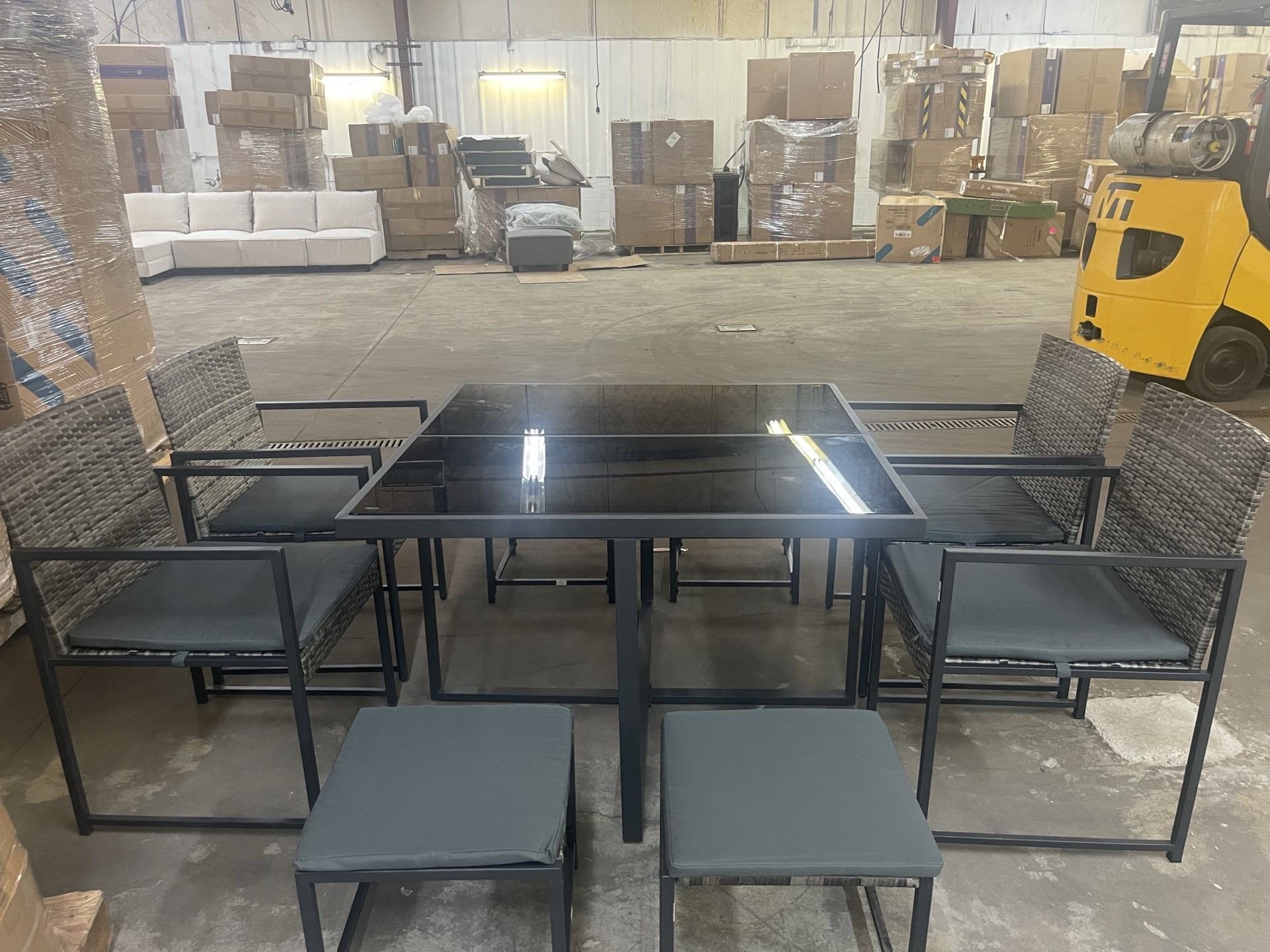 9 Pieces Patio Dining Sets Outdoor Space Saving Rattan Chairs With Glass Table Top Grey Wicker + Dark Grey Cushion Brand new in box