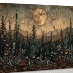 Full moon forest canvas wall art, 36x24”, pine trees wildflowers