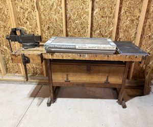 Antique Carpenter’s Woodworking Workbench with Cabinet with 2 Vises