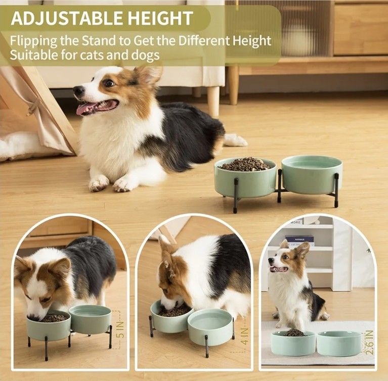 OMAYKEY 32 OZ Ceramic Dog Cat Bowl Set of 2 with Elevated Metal Stand - 6 Inch Ceramic Round Pet Food and Water Feeder Bowl Dish for Cats & Dogs - Lig