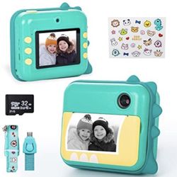 Kids Camera Camera for Kids Instant Print Selfie 1080P Rechargeable Video Pattern Design Digital Camera for Kids Print Paper with SD Card