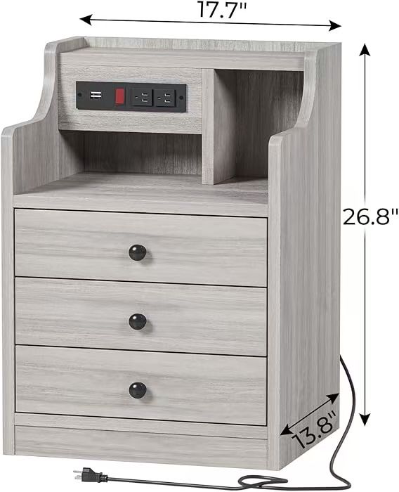 🥨1Pcs Nightstand with Charging Station, Night Stand with Hutch & Storage Drawers, End Table Side Table Bedroom,Grey